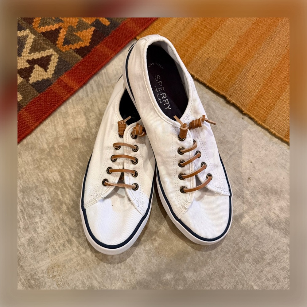 SPERRY White Canvas Boat Shoes with Tan Leather Laces